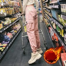 핫핑크바지 면 하이웨이스트 카고 바지 2019 봄 핑크 카키 블랙 바지