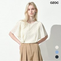 오조크 여성 라운드 훌소매 레이스 블라우스