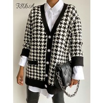 fsda v 넥 여성 버튼 블랙 houndstooth 카디건 2022 긴 소매 스웨터 가을 겨울 니트 느슨한 오버사이즈 점퍼 캐주얼