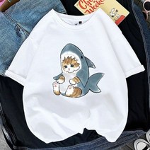 커플반팔티 30대 40대 커플 티셔츠 시밀러 룩 Kawaii Cat Shark Print Funny Women T-shirt Girl Animal Y2K 90S 프린트 탑스 티 패