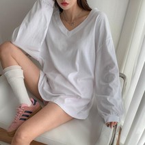 브이와이 여자 시보리 큰사이즈 가을긴팔티 V넥 티셔츠