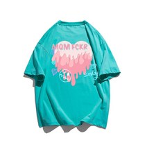 컬러풀 데일리 반팔 티셔츠 세미오버 라운드넥 디자인 하트 프린트 순면 패션 반팔티 사계절용 남녀공용
