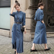 Q1080743 롱 원피스 데님 머메이드스커트 차이나넥 7부소매 가을신상 앞트임 A라인