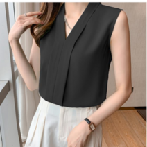 여성 실키 브이넥 슬리브리스 정장 블라우스 보들 민소매 출근 나시