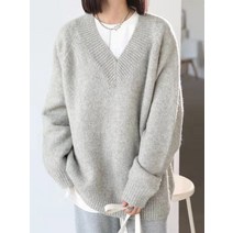 박시니트원 겨울 가을 하프기장 CHIC 심플 와이드 루즈핏 솔리드 무지 브이넥 소프트 풀오버 후드 3953286978, 기타 사이즈, 그레이 L