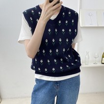 가을 30대 여성 캐주얼 캠퍼스룩 데일리 튤립 플라워 체크 패턴 브이넥 니트 조끼 베스트