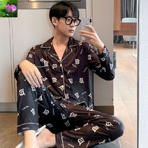 (미인전매) 도매 남성 잠옷 춘추형 긴팔 우유 실크 만화 청소년 여름철 얇은 홈웨어 세트, 남자 XL 사이즈 [권장 120-140근], 3309#블랙