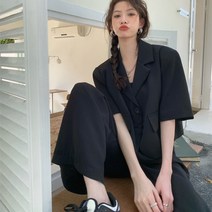 Momolatti 여성용 캐주얼 핏 루즈핏 반팔 카라 무지 하프 자켓