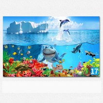 뮤럴벽지 3D 자기접착벽화 해저세계 스티커 방수방습 오션월드 벽화, 수중 세계 17, 폭 300cmX 높이 200cm [3 사진 접합]