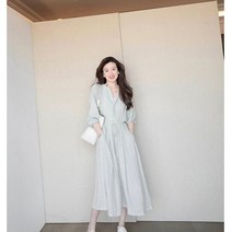하프 단추 쉬폰 롱원피스 긴팔 허리 스트랩 하늘하늘 노카라 데일리 가을 원피스 민트 그린
