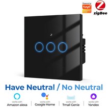 Tuya Zigbee 벽 터치 조명 제어 스위치 단일 화재 제로 파이어 범용 음성 타이밍 연결 Tuya ZigBee 허브 작업, 06 Black 3CH