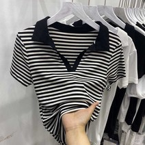 레이온 원단 코디 브이넥 스트라이프 반팔 티셔츠 여하복 매니아룩 상의 ins 트렌드