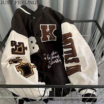 JUST FEEL!NG 자수 야구점퍼 코트 남녀공용 커플 힙합 스트리트 도톰 자켓 야구복 봄 가을 모직자켓 남성코트