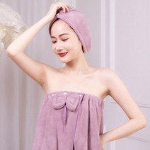 샤워 목욕 귀여운 보우 목욕 타올 + 헤어 타올 + 헤어 밴드 3PCS 여성 마이크로 화이버 목욕 가운 흡수성, [01] 싱글 사이즈, 07 purple