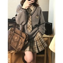 프레피룩 풀세트 코디 스웨터 체크 브이넥 하이틴 니트 스쿨룩