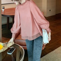 넷투넷코리아 여성 라운드넥 쉬폰 루즈핏 심플 블라우스 리본포인트