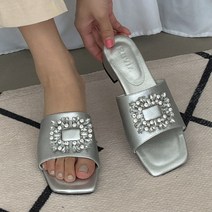 국내제작 소가죽 큐빅 보석 사각 버클 미들굽 뮬슬리퍼 샌들 블랙 실버 3cm