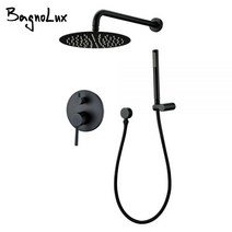 황동 블랙 욕실 샤워 세트 8 인치 강우 헤드 수도꼭지 벽 마운트 암 다이버터 믹서 핸드 헬드, 12 인치_40cm