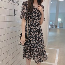 아이스크루 /무료배송 여름 마실룩 휴양지 플라워 브이넥 플레어 밴딩 쉬폰 반팔 빅사이즈 셔링 롱 원피스