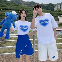 블루 하트 커플룩 20대 30대 여름 커플티 웨딩 촬영 사복 시밀러룩 신혼여행 바캉스룩