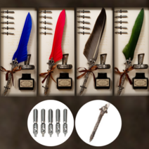 고르지오 깃털 데코 앤티크 만년필 세트, 3개, 올리브