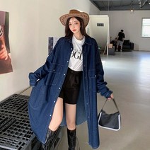 오버클래쓰 여성 아우터 자켓 루즈 데님 롱 코트 빅사이즈 청자켓