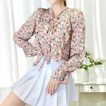 브이넥 리본 프릴 블라우스 플라워 패턴 화사한 여행갈때 오피스룩