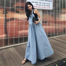 여성 캐주얼 빈티지 구제 워싱 데님 멜빵 원피스 봄여름 오버사이즈 A라인 오버롤 스커트