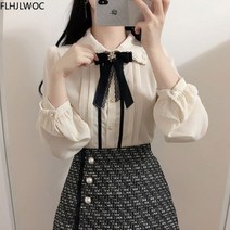 여성용 귀여운 리본 보우 타이 상의 프레피 스타일 빈티지 일본 한국 디자인 버튼 우아한 포멀 셔츠 블라우스 2023 가을 봄