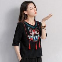 태슬블라우스 여름 오리지널제작 에스닉 무드 클래식 가시 꽃자수 면린넨 빅사이즈 와이드 루즈핏 배기 여성 2231792862