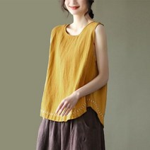 여자 여름 티셔츠 민소매 나시티 루즈핏 캐주얼 면 마 블라우스 자수 SFW0307005