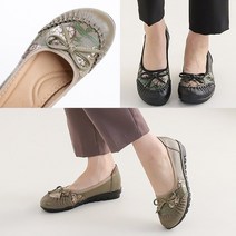 벨루치슈즈 여성 천연소가죽 리본 꽃프린팅 3cm 통굽 발편한 엄마 중년 할머니 단화 가죽 컴포트화 효도화