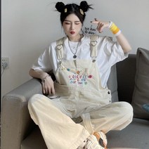 여성 귀여운 작은 코듀로이 멜빵팬츠 자수 꽃 스트레이트 와이드 레그 점프 슈트