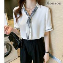 블루종 주름 사선쉬폰 카라 반팔 블라우스_B2304BL601B