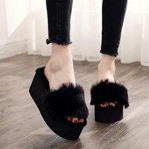 신블리 미들 통굽 털 슬리퍼 7cm(블랙 그레이)