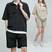 남녀공용 커플 썸머 오버핏 아노락 반팔티 + 2타입 반바지 셋업