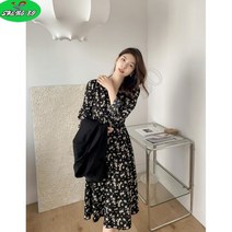 SHENGBO 여성용 브이넥 잔꽃무늬 롱 원피스NO.004LH908