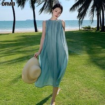 DFMEI 프렌치 빈 그린 민소매 원피스 부드럽고 작은 키 감소 나시 스커트 여천