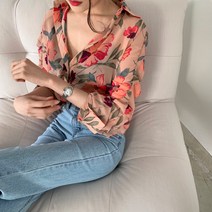 여성 카라 화려한 블라우스 꽃 무늬 브이넥 쉬폰 셔츠