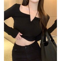 빠른배송(수입) 골드 V링 끈 홀터 스퀘어넥 셔링 크롭 긴팔 티셔츠