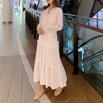 [베이지화이트] 르랑 프릴 쉬폰 롱원피스 당일배송