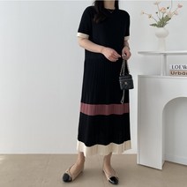 썸머바이브 배색 플리츠 와이드 반팔 니트 롱 원피스