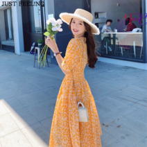 탕크 여성 잔꽃 플라워 브이 넥 퍼프 반팔 원피스 슬림핏 밴딩 여름 롱 원피스 빅사이즈