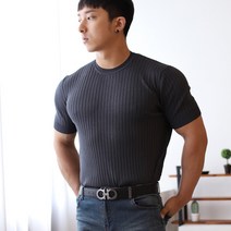 보스트핏 남자 머슬핏 골지 라운드넥 봄 여름 반팔 니트 티셔츠 7color