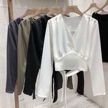 디자인감각 여성 긴팔 셔츠 새틴면 브이넥 허리조임 슬림핏 여자 상의