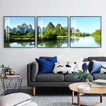 한글 설명 풍경종 간단한 현대 장식 그림 풍경 레스토랑 소파 배경 벽화 삼부작 frameless 벽시계, 떠오르는 태양, 8080, 크리스탈 도자기 그림  알루미늄 합금 프레임