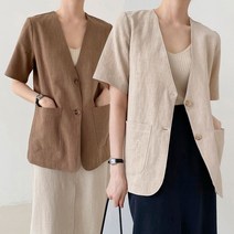 이루하루 워싱 린넨 노카라 반팔 자켓 박스 마 여자 아우터 여름 캐주얼 5컬러