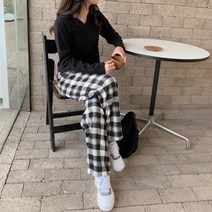 여성 체크 기모팬츠 따뜻한 데일리 여자 바지 겨울 일자핏 퍼 안감 밴딩 팬츠