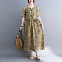 문예 빈티지 프린트 면 린넨 롱 스커트 여 여름 루즈핏 빅 사이즈 조임 스트링 날씬해 보이는 기질 왕진 원피스