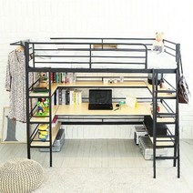 코모드i 올인원 멀티선반형 벙커침대 + 13cm포켓천연라텍스매트 포함, 블랙